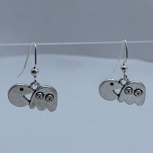 NWT. Handmade Retro PAC Man and Ghost Pierced Dangle Earrings in Silver Tone!